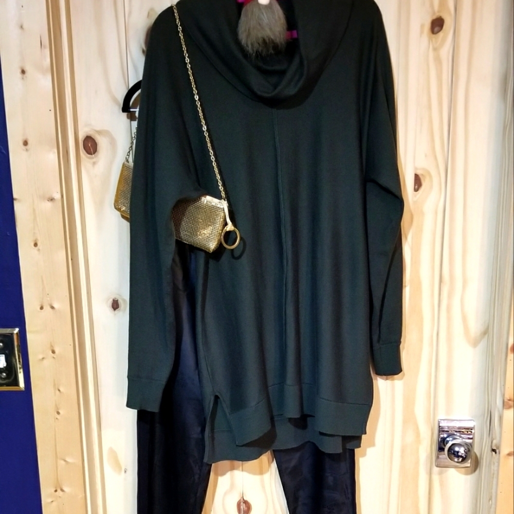 Joan Vass New York cowl neck olive green tunic women's sweater, L